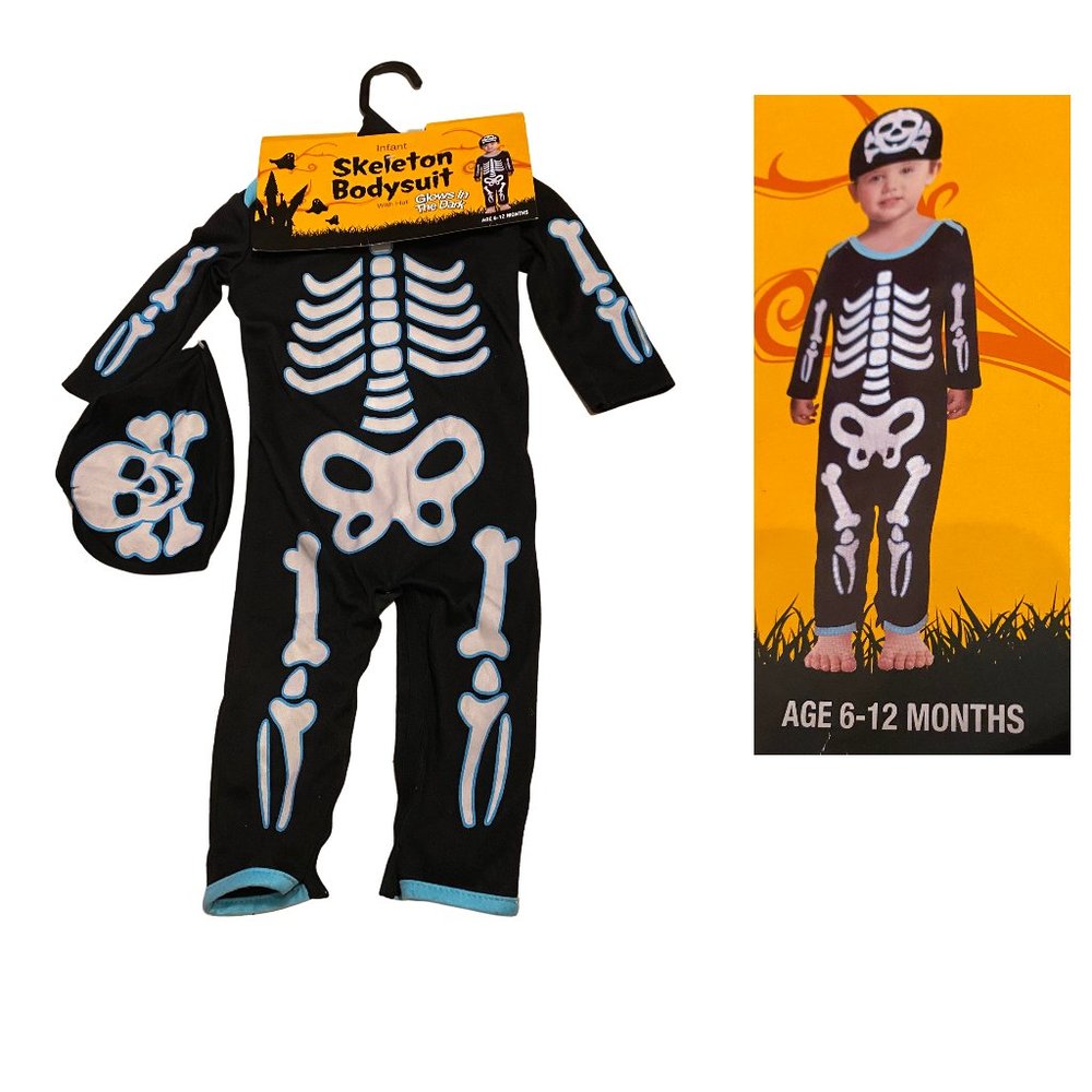 Halloween Infant Costume Skeleton Bodysuit and Hat Glow in the Dark Sz 6-12 Mos.
